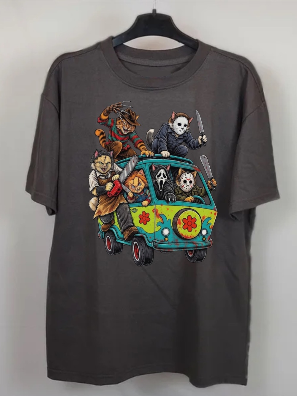 Gildan Dark Gray Tee with Colorful Horror Characters Van Graphic
